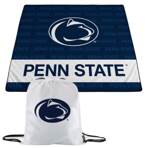 navy outdoor blanket with Penn State and Athletic Logo, drawstring bag